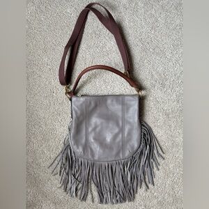 NEW Fossil Leather Fringe Bucket Crossbody Bag Purse gray NWOT